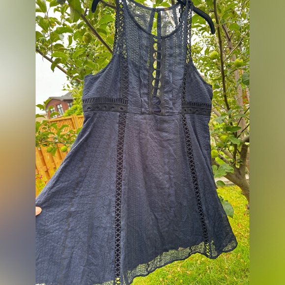 FREE PEOPLE Wherever You Go Black Navy Crochet & Lace Mini Tunic Dress, Sz 12 - Picture 6 of 16